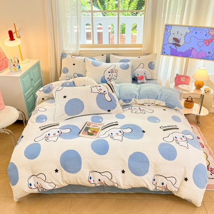 桃子家居 2024新款三丽鸥卡通加厚高克重200克牛奶绒系列四件套 绒三丽鸥-蓝色波点玉桂狗
