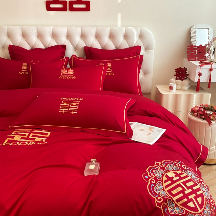 91家纺网 家纺一手货源 找家纺 欧乐蒂 2025新款亲肤棉婚庆刺绣四件套系列 双喜临门