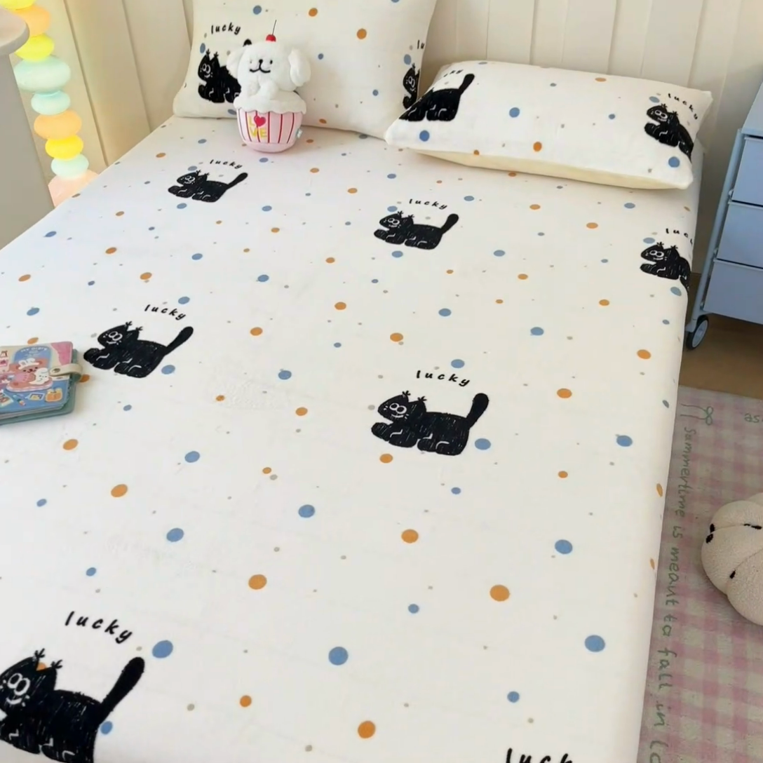 91家纺网 家纺一手货源 找家纺  星座家纺 2025新款小清新牛奶绒单床笠 炫酷小猫