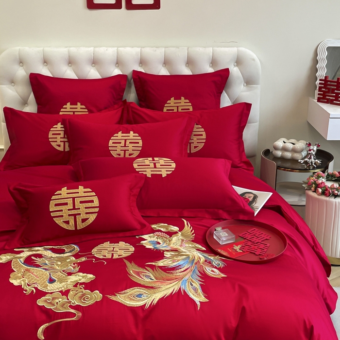 91家纺网 家纺一手货源 找家纺 欧乐蒂 2025新款亲肤棉婚庆刺绣四件套系列 欢喜龙凤