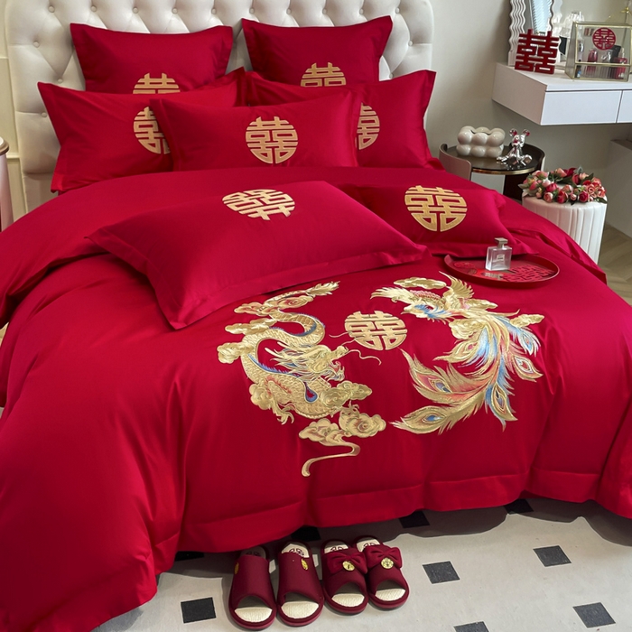 91家纺网 家纺一手货源 找家纺 欧乐蒂 2025新款亲肤棉婚庆刺绣四件套系列 欢喜龙凤