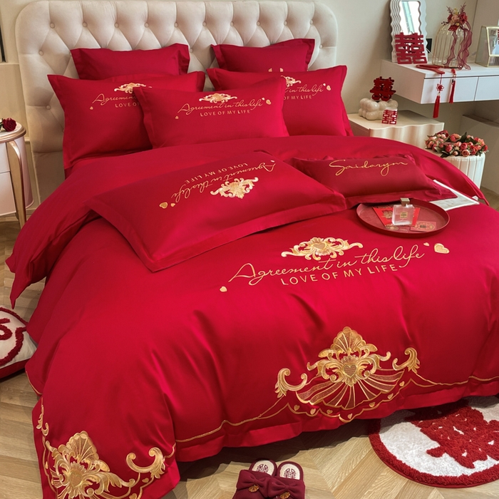 91家纺网 家纺一手货源 找家纺 欧乐蒂 2025新款亲肤棉婚庆刺绣四件套系列 锦绣佳缘