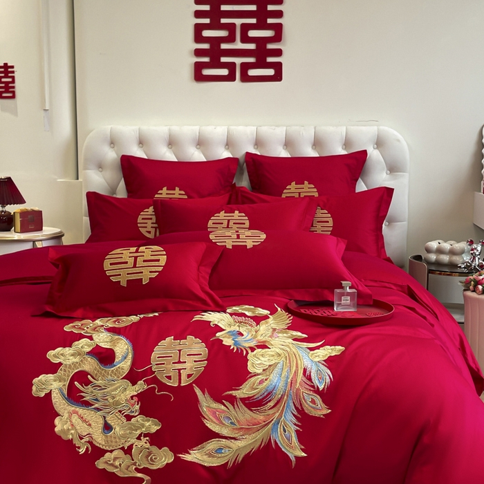 91家纺网 家纺一手货源 找家纺 欧乐蒂 2025新款亲肤棉婚庆刺绣四件套系列 欢喜龙凤