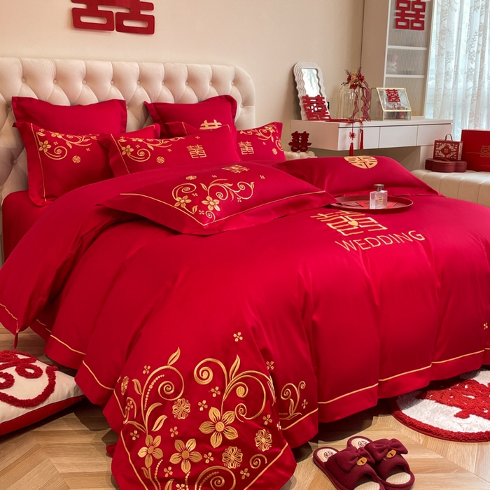 91家纺网 家纺一手货源 找家纺 欧乐蒂 2025新款亲肤棉婚庆刺绣四件套系列 金枝玉叶