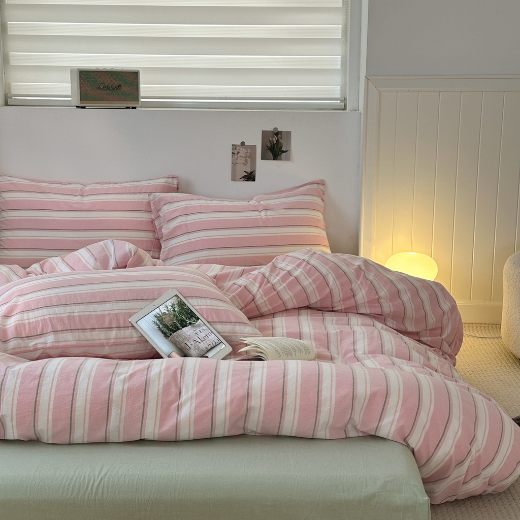 91家纺网 家纺一手货源 找家纺 久典家居 2024新款水洗棉条纹系列单被套 童话粉