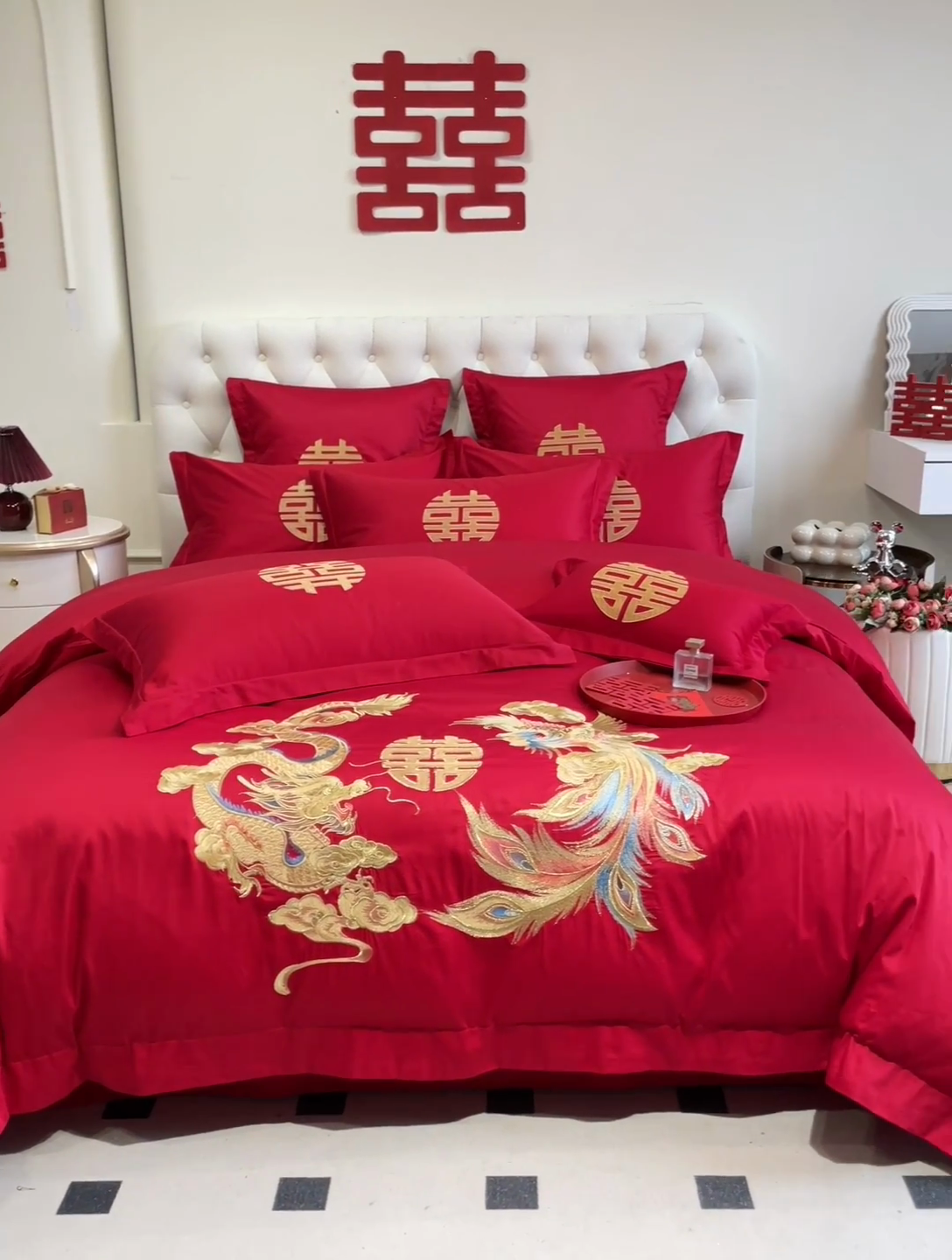 91家纺网 家纺一手货源 找家纺 欧乐蒂 2025新款亲肤棉婚庆刺绣四件套系列 欢喜龙凤