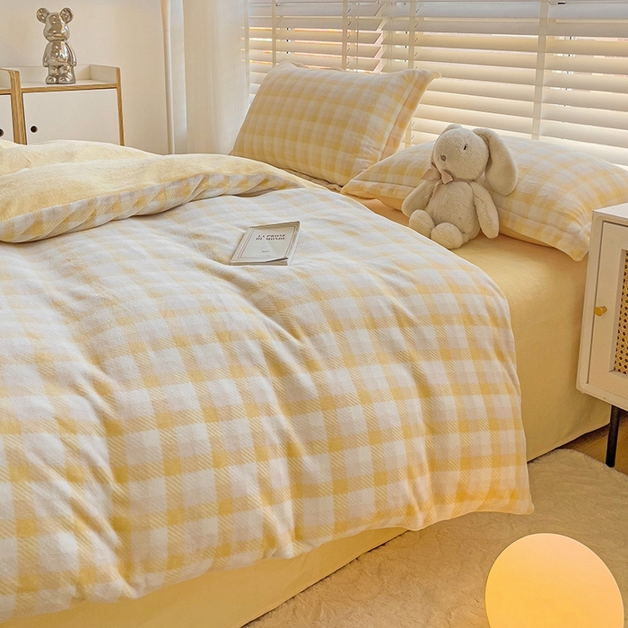 91家纺网 家纺一手货源 找家纺 简一 2025新款牛奶绒无印风ins风方格系列-四件套 无印风方格方格-浅黄