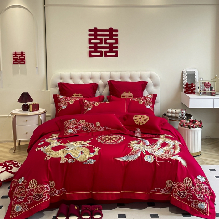 91家纺网 家纺一手货源 找家纺 欧乐蒂 2025新款亲肤棉婚庆刺绣四件套系列 龙飞凤舞