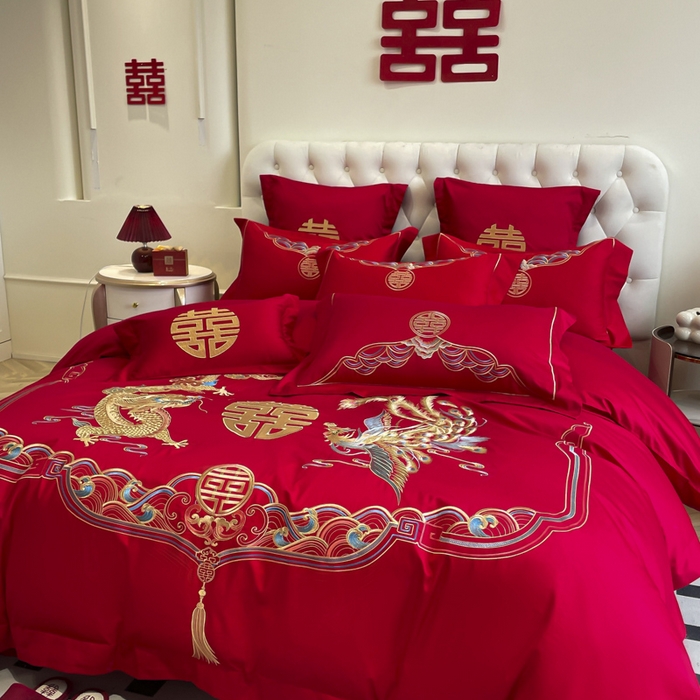 91家纺网 家纺一手货源 找家纺 欧乐蒂 2025新款亲肤棉婚庆刺绣四件套系列 龙凤瑞彩2