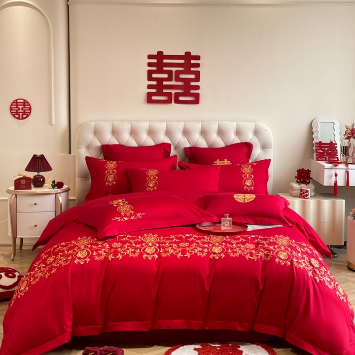 91家纺网 家纺一手货源 找家纺 欧乐蒂 2025新款亲肤棉婚庆刺绣四件套系列 浪漫喜事