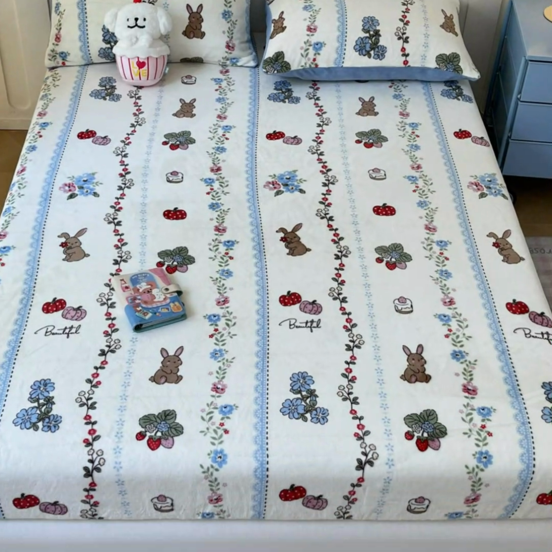 91家纺网 家纺一手货源 找家纺  星座家纺 2025新款小清新牛奶绒单床笠 动物小花