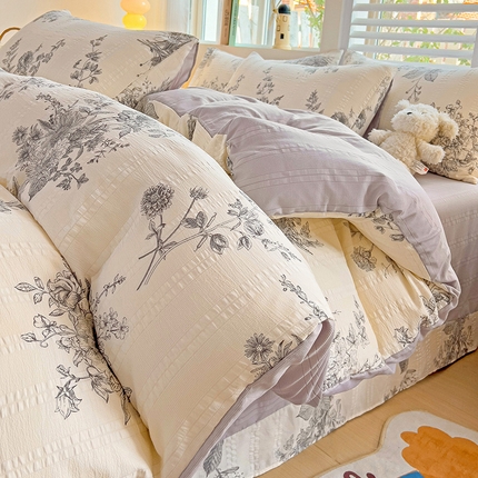 91家纺网 家纺一手货源 找家纺 优选良品 2025新款有氧提花云纱棉圆角吊边工艺款四件套学生三件套 木兮