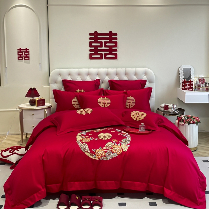 91家纺网 家纺一手货源 找家纺 欧乐蒂 2025新款亲肤棉婚庆刺绣四件套系列 爱情花语