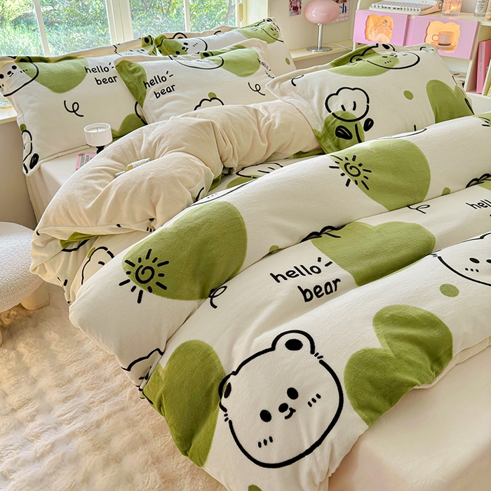 91家纺网 家纺一手货源 找家纺 呗旺鹿 2024新款高克重印花牛奶绒四件套 开心熊