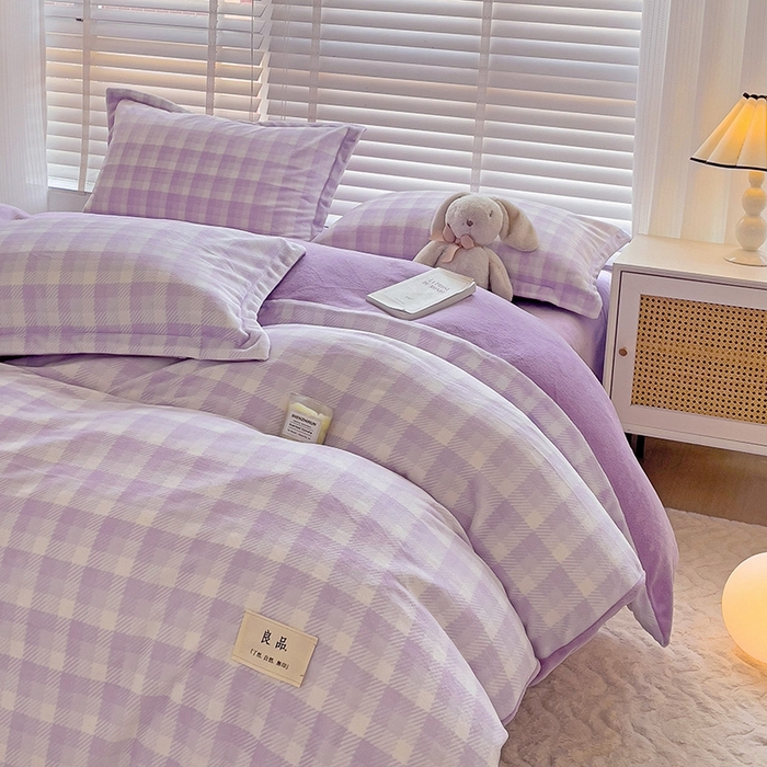 91家纺网 家纺一手货源 找家纺 简一 2025新款牛奶绒无印风ins风方格系列-四件套 无印风方格方格-浅紫