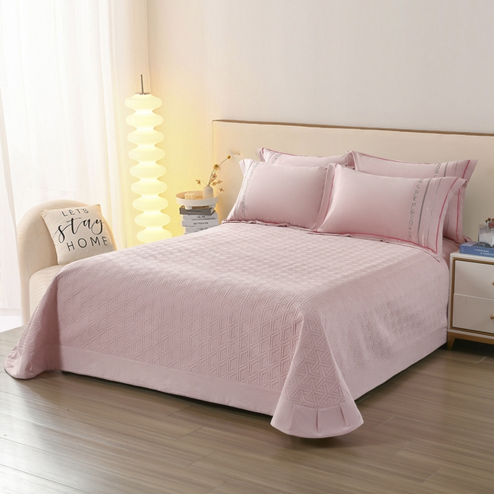 91家纺网 家纺一手货源 找家纺 OL家纺 2024新款磨毛暖绒床盖夹棉四件套刺绣轻奢风 樱花粉