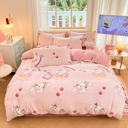 桃子家居 2024新款三丽鸥卡通加厚高克重200克牛奶绒系列四件套 绒三丽鸥-樱桃蛋糕玉桂狗
