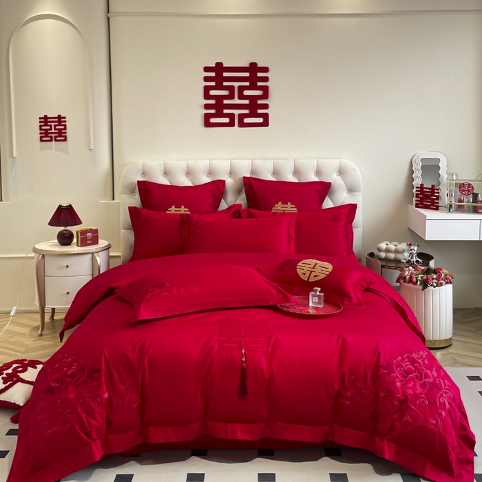 91家纺网 家纺一手货源 找家纺 欧乐蒂 2025新款亲肤棉婚庆刺绣四件套系列 花开富贵-红