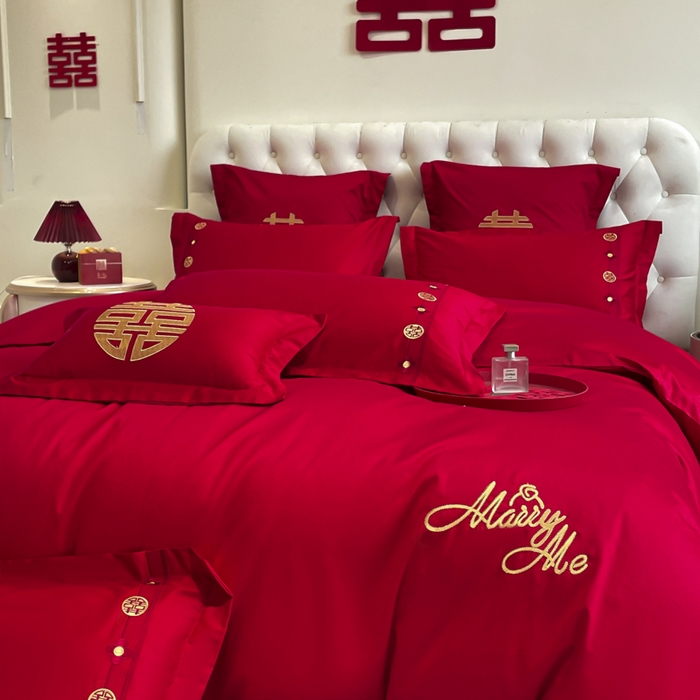 91家纺网 家纺一手货源 找家纺 欧乐蒂 2025新款亲肤棉婚庆刺绣四件套系列 爱相随