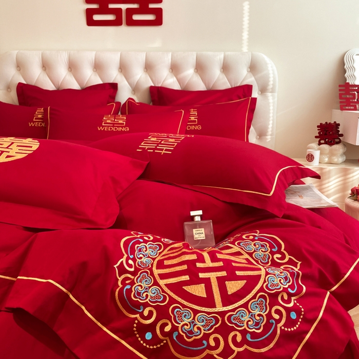 91家纺网 家纺一手货源 找家纺 欧乐蒂 2025新款亲肤棉婚庆刺绣四件套系列 双喜临门