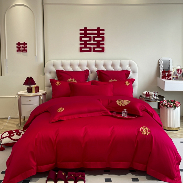 91家纺网 家纺一手货源 找家纺 欧乐蒂 2025新款亲肤棉婚庆刺绣四件套系列 唯一