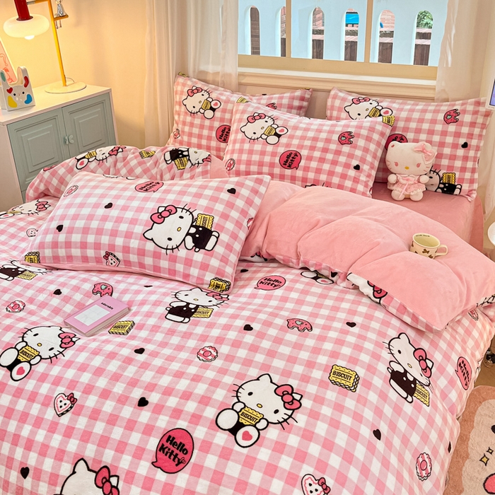 91家纺网 家纺一手货源 找家纺 桃子家居 2024新款三丽鸥卡通加厚高克重200克牛奶绒系列四件套 绒三丽鸥-粉格kitty