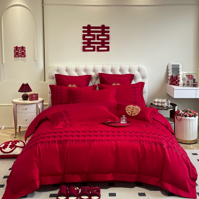 91家纺网 家纺一手货源 找家纺 欧乐蒂 2025新款亲肤棉婚庆刺绣四件套系列 水晶之恋