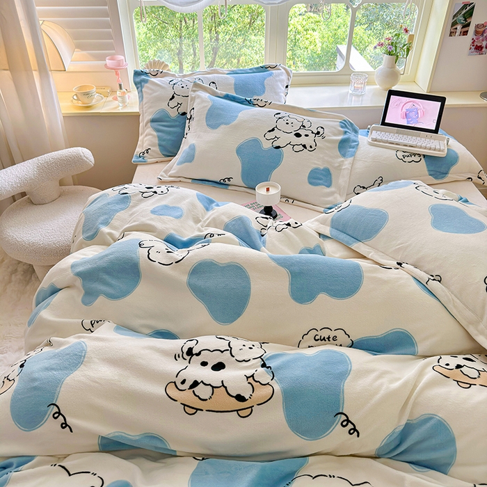 91家纺网 家纺一手货源 找家纺 呗旺鹿 2024新款高克重印花牛奶绒四件套 顽皮狗