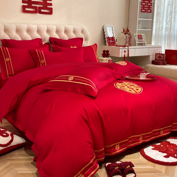 91家纺网 家纺一手货源 找家纺 欧乐蒂 2025新款亲肤棉婚庆刺绣四件套系列 爱恋