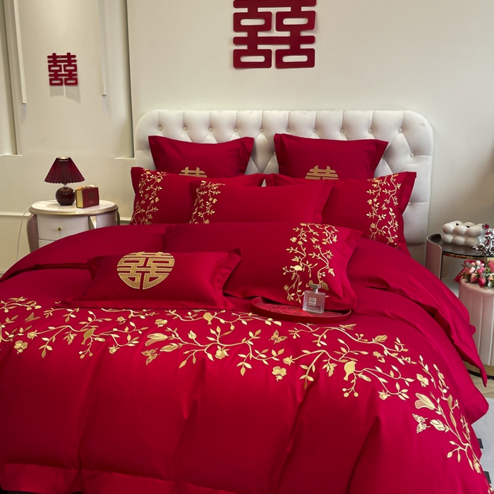 91家纺网 家纺一手货源 找家纺 欧乐蒂 2025新款亲肤棉婚庆刺绣四件套系列 喜上枝头