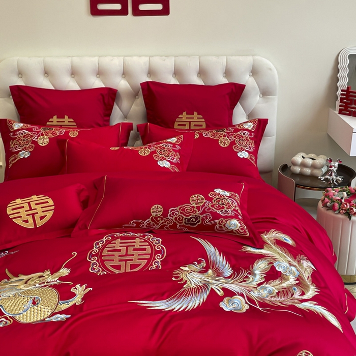 91家纺网 家纺一手货源 找家纺 欧乐蒂 2025新款亲肤棉婚庆刺绣四件套系列 龙飞凤舞