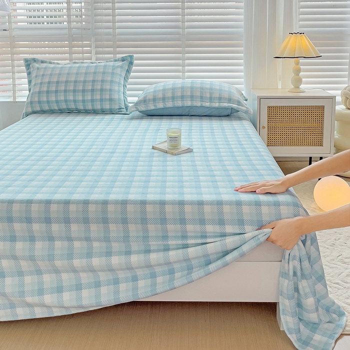 91家纺网 家纺一手货源 找家纺 简一 2024新款牛奶绒无印风ins风方格系列-单床单 无印风方格方格-浅蓝