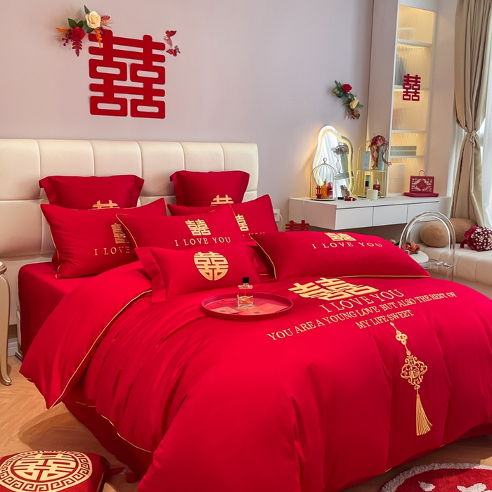 91家纺网 家纺一手货源 找家纺 欧乐蒂 2025新款亲肤棉婚庆刺绣四件套系列 今生今世