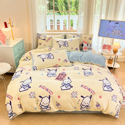 桃子家居 2024新款三丽鸥卡通加厚高克重200克牛奶绒系列四件套 绒三丽鸥-甜筒帕恰狗