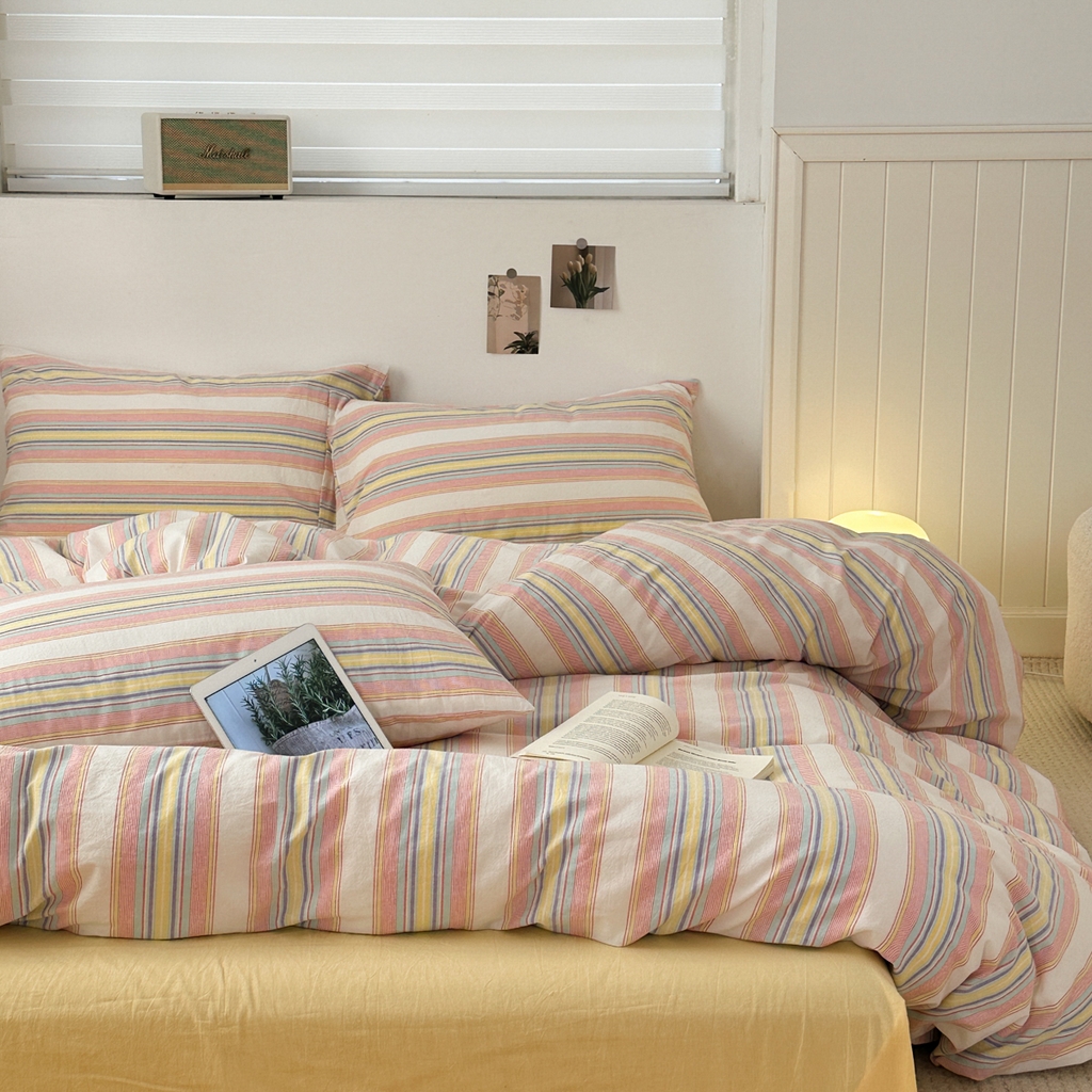 91家纺网 家纺一手货源 找家纺 久典家居 2024新款水洗棉条纹系列四件套 米娅