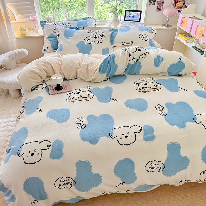 91家纺网 家纺一手货源 找家纺 呗旺鹿 2024新款高克重印花牛奶绒四件套 顽皮狗