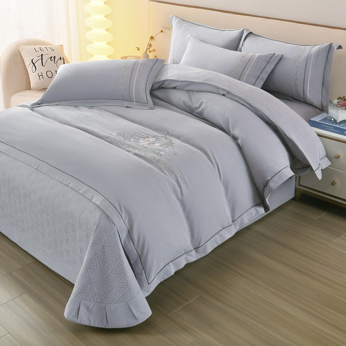 91家纺网 家纺一手货源 找家纺 OL家纺 2024新款磨毛暖绒床盖夹棉四件套刺绣轻奢风 高级灰