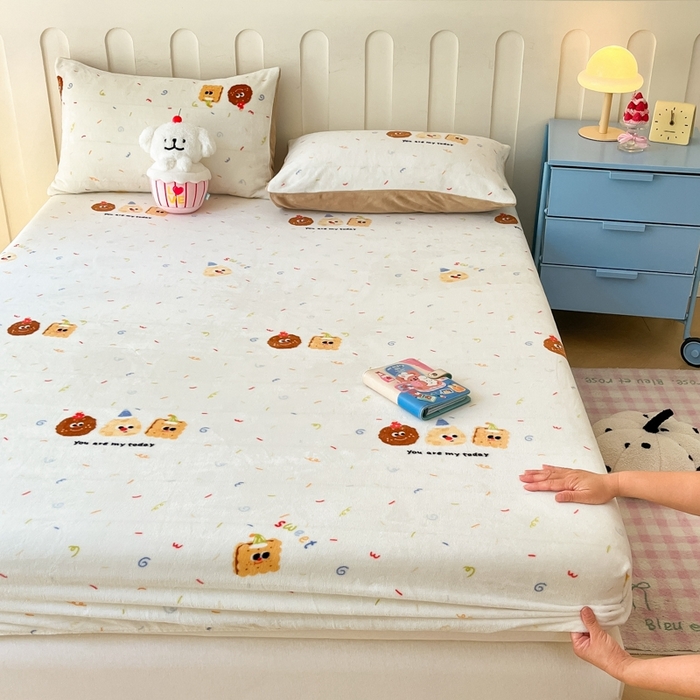 91家纺网 家纺一手货源 找家纺  星座家纺 2025新款小清新牛奶绒单床笠 曲奇饼干