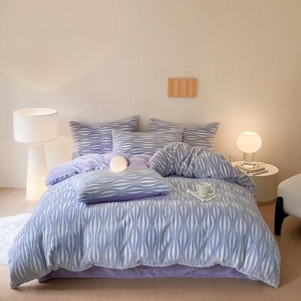 金爱家 2024新品全消光A类纯色獭兔毛绒立体牛奶绒兔毛雕花350克四件套 兔毛时空紫色