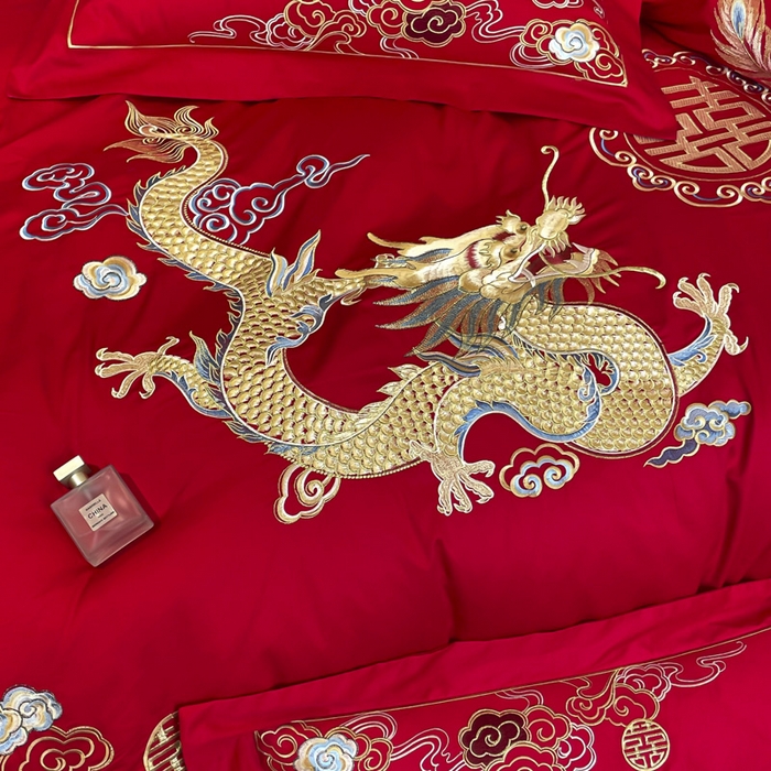 91家纺网 家纺一手货源 找家纺 欧乐蒂 2025新款亲肤棉婚庆刺绣四件套系列 龙飞凤舞