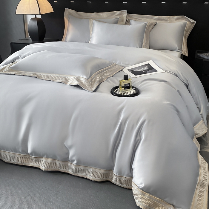 91家纺网 家纺一手货源 找家纺 欧乐蒂 2025新款高支高密水洗贡缎全棉四件套-简爱 简爱高级灰