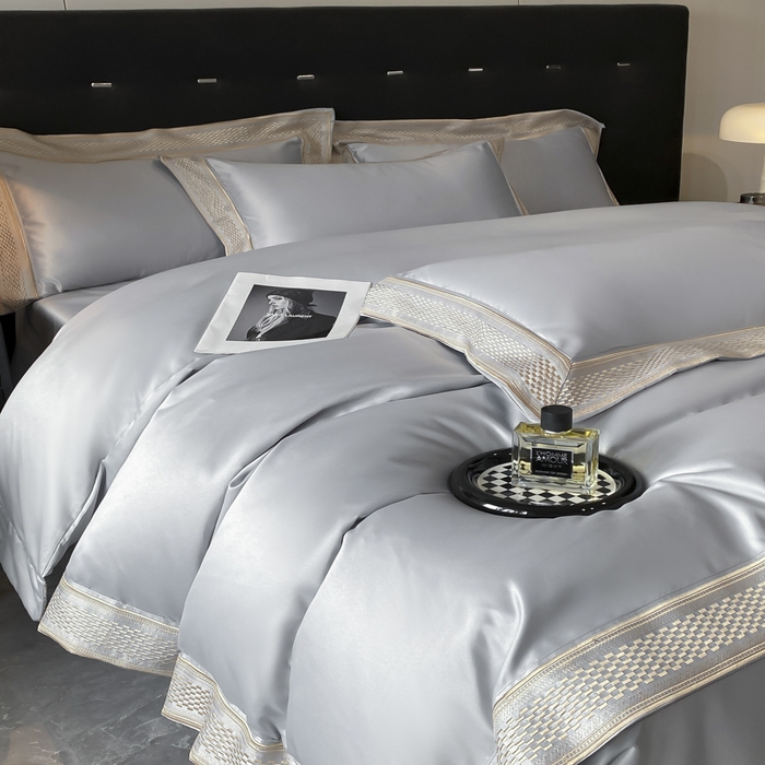 91家纺网 家纺一手货源 找家纺 欧乐蒂 2025新款高支高密水洗贡缎全棉四件套-简爱 简爱高级灰