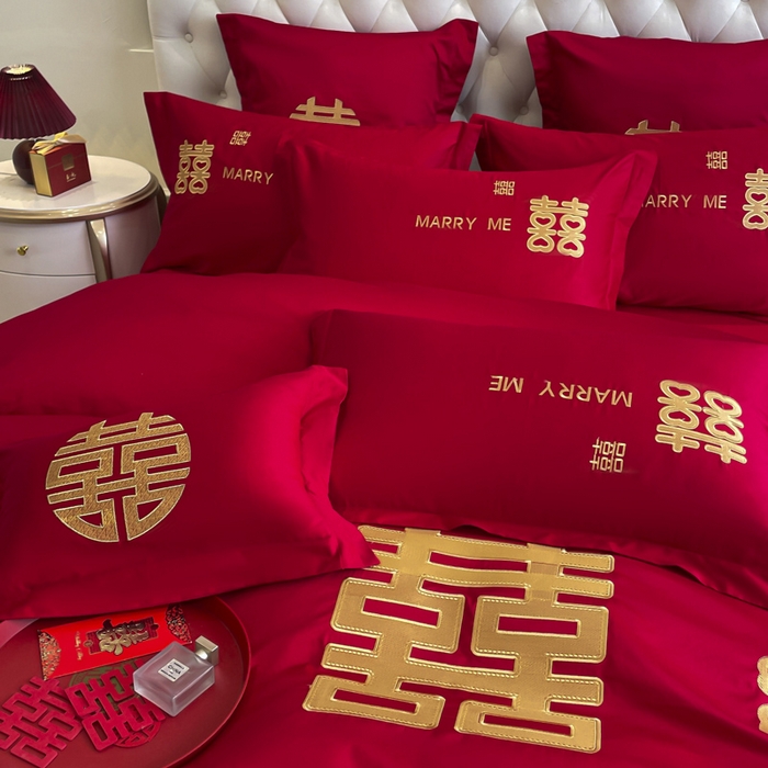 91家纺网 家纺一手货源 找家纺 欧乐蒂 2025新款亲肤棉婚庆刺绣四件套系列 大喜-金