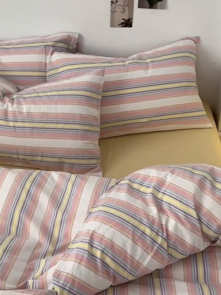 91家纺网 家纺一手货源 找家纺 久典家居 2024新款水洗棉条纹系列四件套 米娅