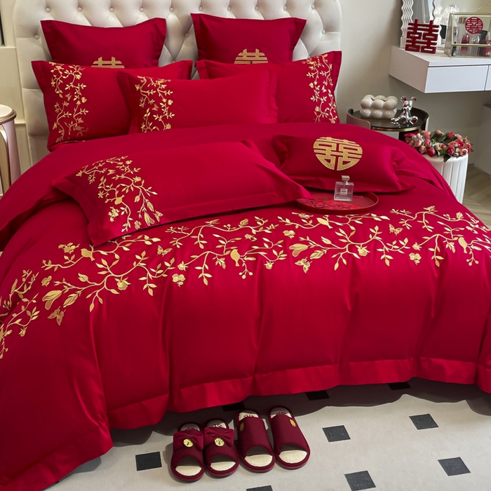 91家纺网 家纺一手货源 找家纺 欧乐蒂 2025新款亲肤棉婚庆刺绣四件套系列 喜上枝头