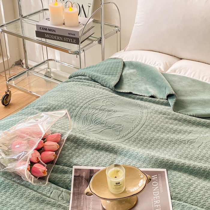 91家纺网 家纺一手货源 找家纺 胜权家纺 2024秋冬新款加厚双层婴儿绒复合雕花牛奶绒多功能毛毯盖毯空调毯子 马尔斯绿