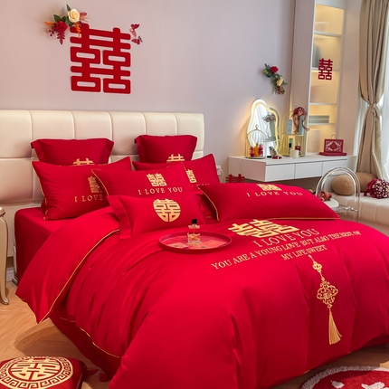 91家纺网 家纺一手货源 找家纺 （总）欧乐蒂 2025新款亲肤棉婚庆刺绣四件套系列