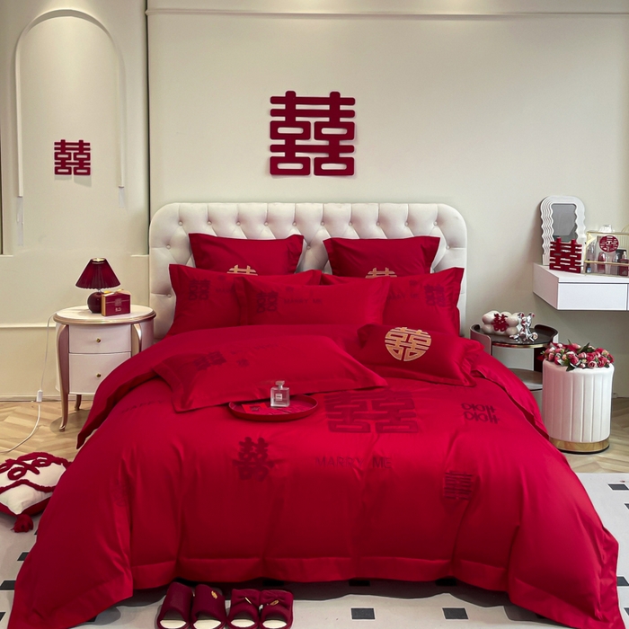 91家纺网 家纺一手货源 找家纺 欧乐蒂 2025新款亲肤棉婚庆刺绣四件套系列 大喜-红