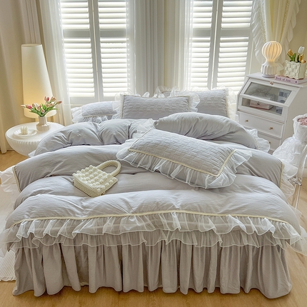 91家纺网 家纺一手货源 找家纺 网红馆（ck家纺） 2025新款优舒棉花边床裙四件套-轻舞 轻舞-月光灰