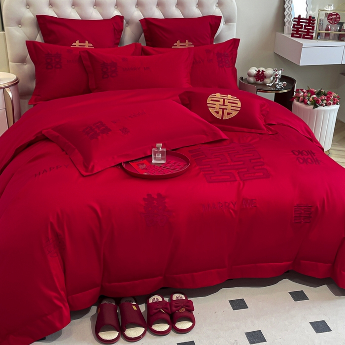 91家纺网 家纺一手货源 找家纺 欧乐蒂 2025新款亲肤棉婚庆刺绣四件套系列 大喜-红